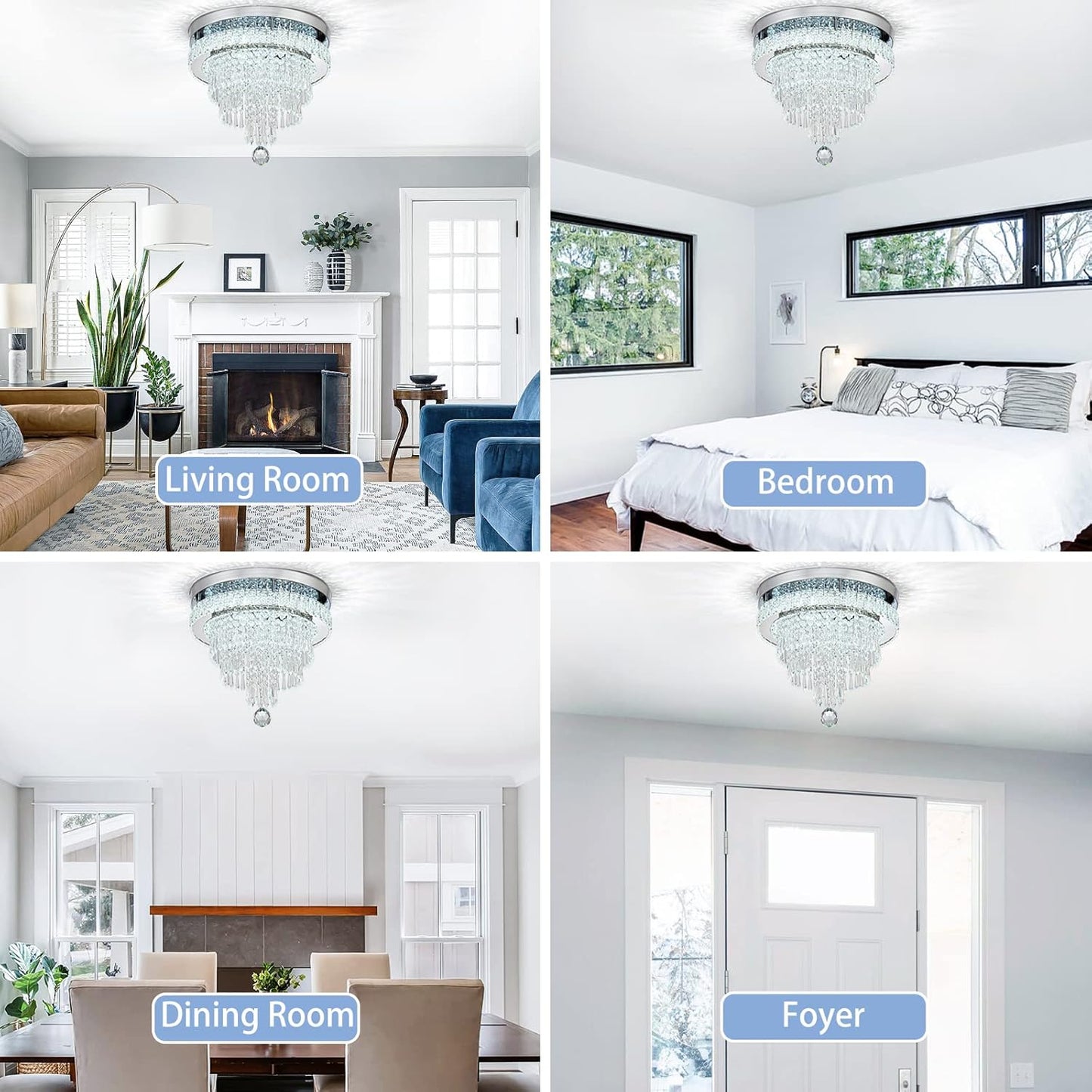 16“ Crystal Chandeliers Light Flush Mount Ceiling Light Fixtures Round Modern LED Chandelier for Living Room Bedroom Dining Room Closet Hallway (Cool White)