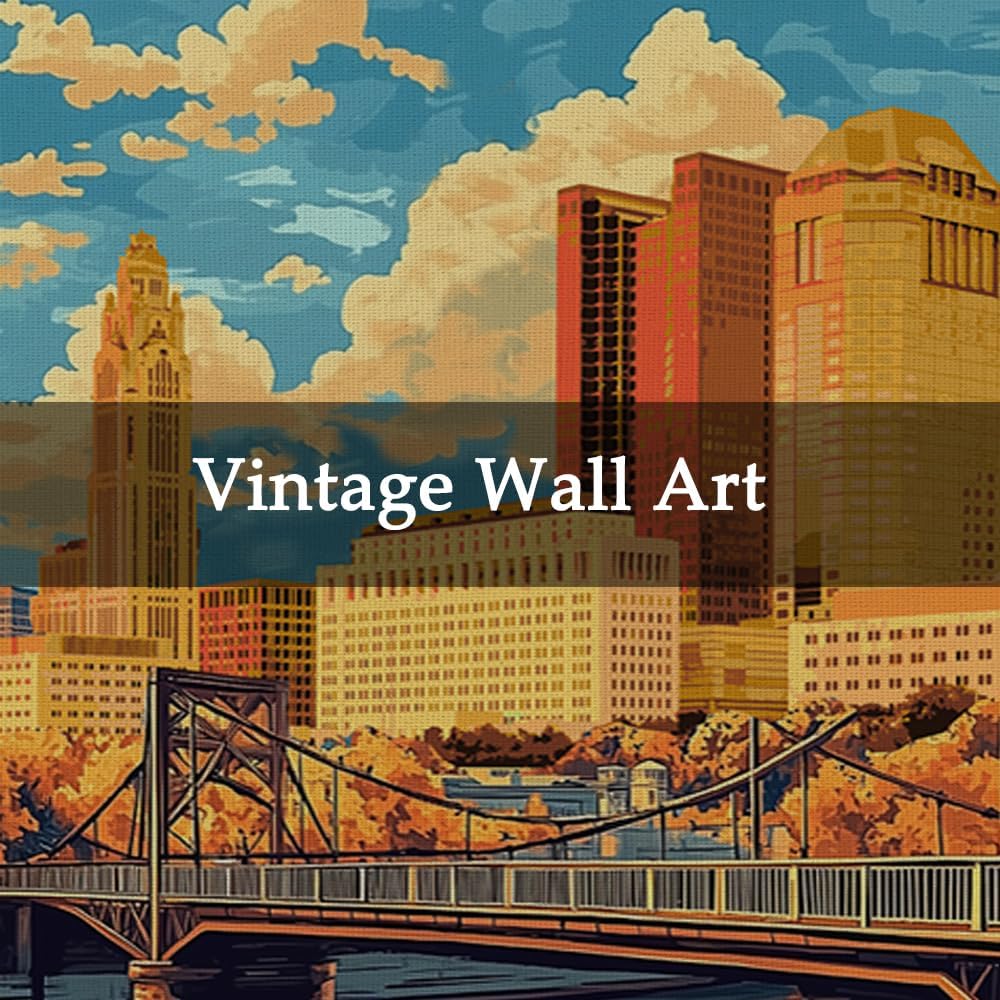 WREVERW Vintage Columbus Poster Canvas Print with Wooden Hanger Frame, Featuring Scioto River Bridge and Iconic LeVeque Tower, Wall Art for Home and Office Decor, 16x23 inches