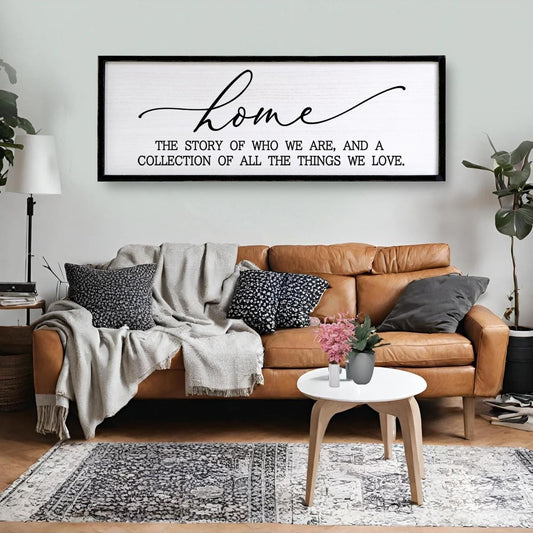 Home The Story of Who We Are Sign Farmhouse Family Wall Decor 32x12 Inch Plaque Wood Framed Art for Hanging (Black)