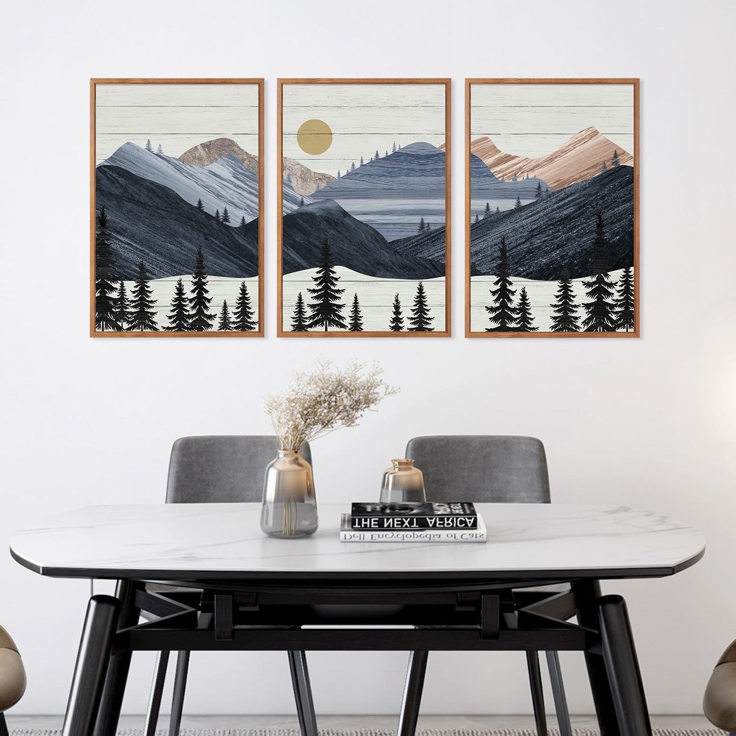 KAIRNE Mountain Canvas Wall Art,Abstract Landscape Wall Decor Set of 3(16”X24”),Sunrise Pine Forest Nature Prints,Wilderness Scenery Pictures for Living Room Bedroom Farmhouse Office Decor,Framed