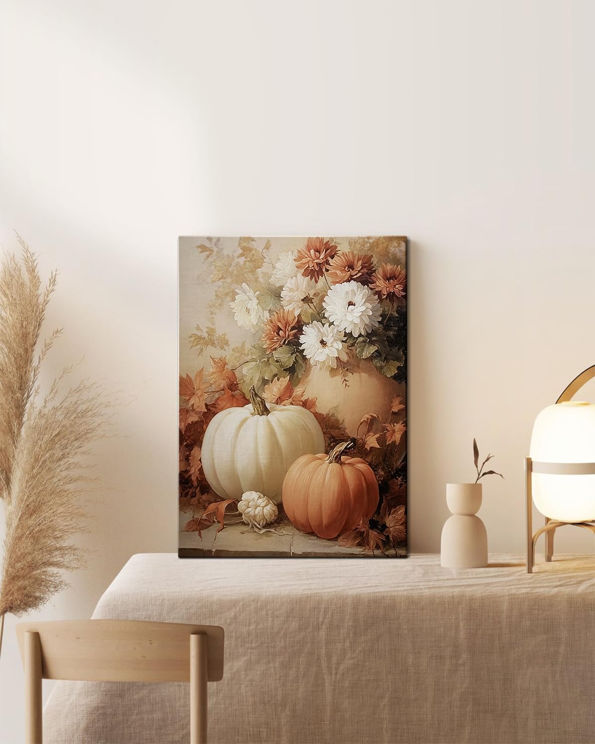 AbcCustomize Fall Wall Art Pumpkin Floral Print, Vintage Thanksgiving Decorations Canvas for Autumn Decor, Rustic Daisy Farmhouse Wall Art Decor for Bedroom Living Room Kitchen, Ready to Hang
