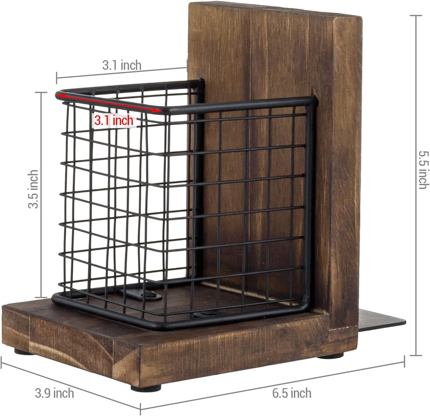 MyGift Rustic Burnt Wood Decorative Bookends for Heavy Books with Matte Black Metal Wire Basket Pencil Cup and Office Supplies Storage Baskets, 1-Pair