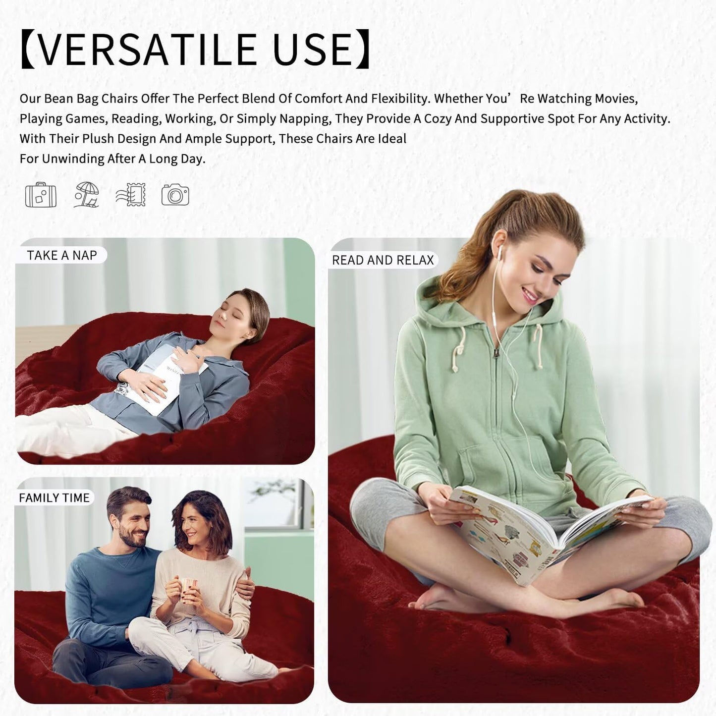 Bean Bag Chair for Adults 7FT,Soft Removable Cover for Teens/Girls Bedroom,Fluffy Giant Round Floor Beanbag Lounger Chairs (No Filler,Claret)