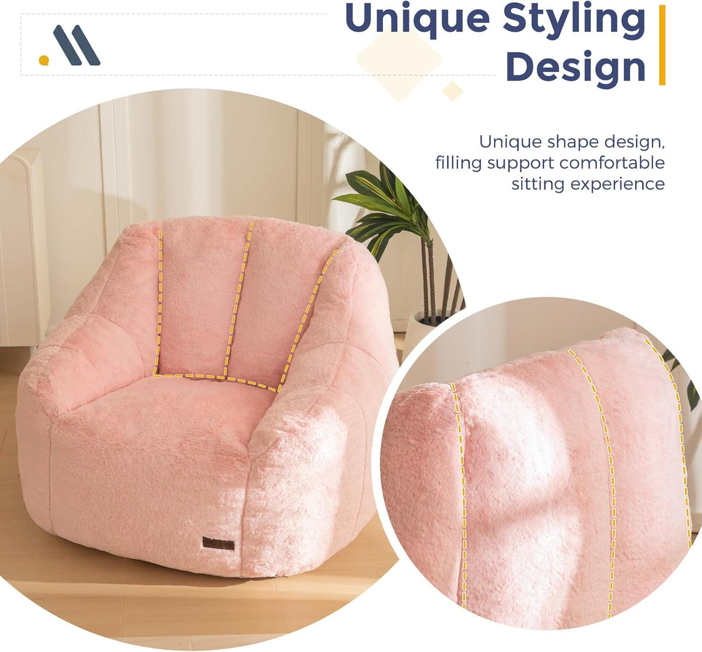 MAXYOYO Bean Bag Chair, Comfy Bean Bag Sofa with Back Support, Faux Fur Bean Bag Chair for Adults and Kids, Stuffed Floor Sofa for Living Room, Bedroom, Apartment, Pink