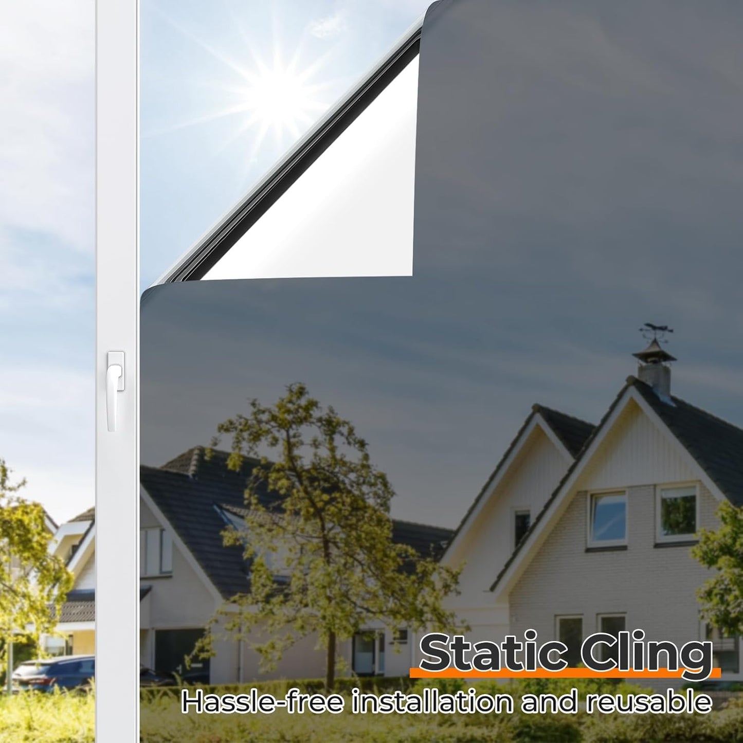 DOWELL Window Privacy Film, One Way Window Tint for Home, Static Cling Anti UV Sun Blocking Reflective Mirror Film, Heat Control See Out Not in Glass Tinting, Black Silver, 35.4" x 157.5"