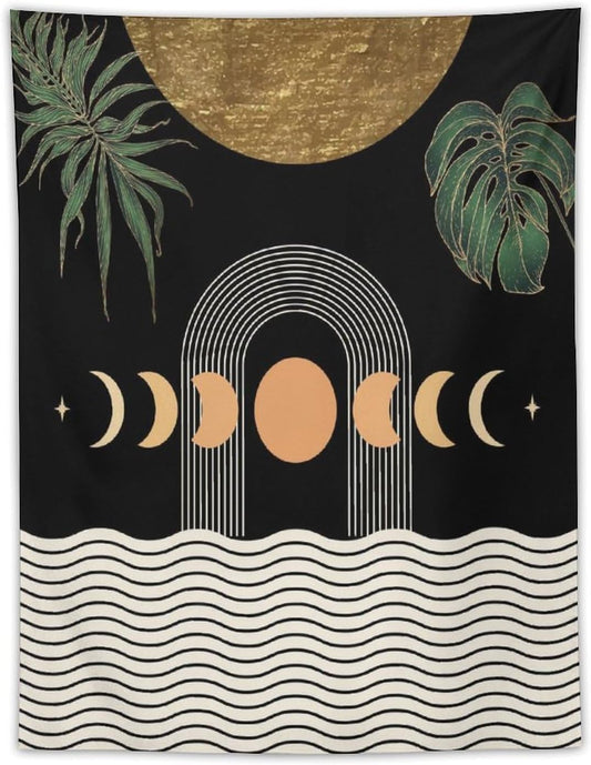 Abstract Boho Tapestry, Mid Century Tropical Tree Leaves Modern Geometric Arch Bohemian Botanical Tapestry, Home Aesthetic Wall Hanging Art Decor for Living Room Bedroom Dormitory 50x60 Inch