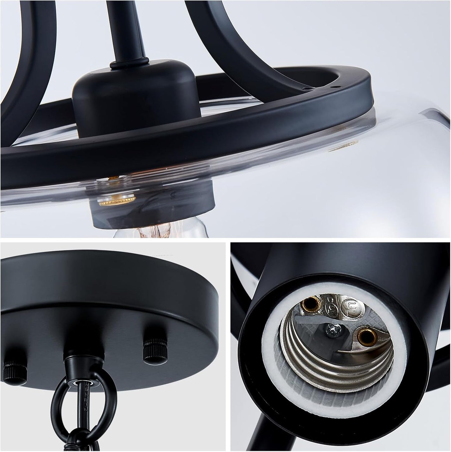 WUZUPS Chandelier Rustic Farmhouse Industrial Round Ceiling Pendant LED Light Fixture with Clear Glass Shades for Dining Room Kitchen Island Foyer Entryway, H 13" x W 10", E26 Base, Black