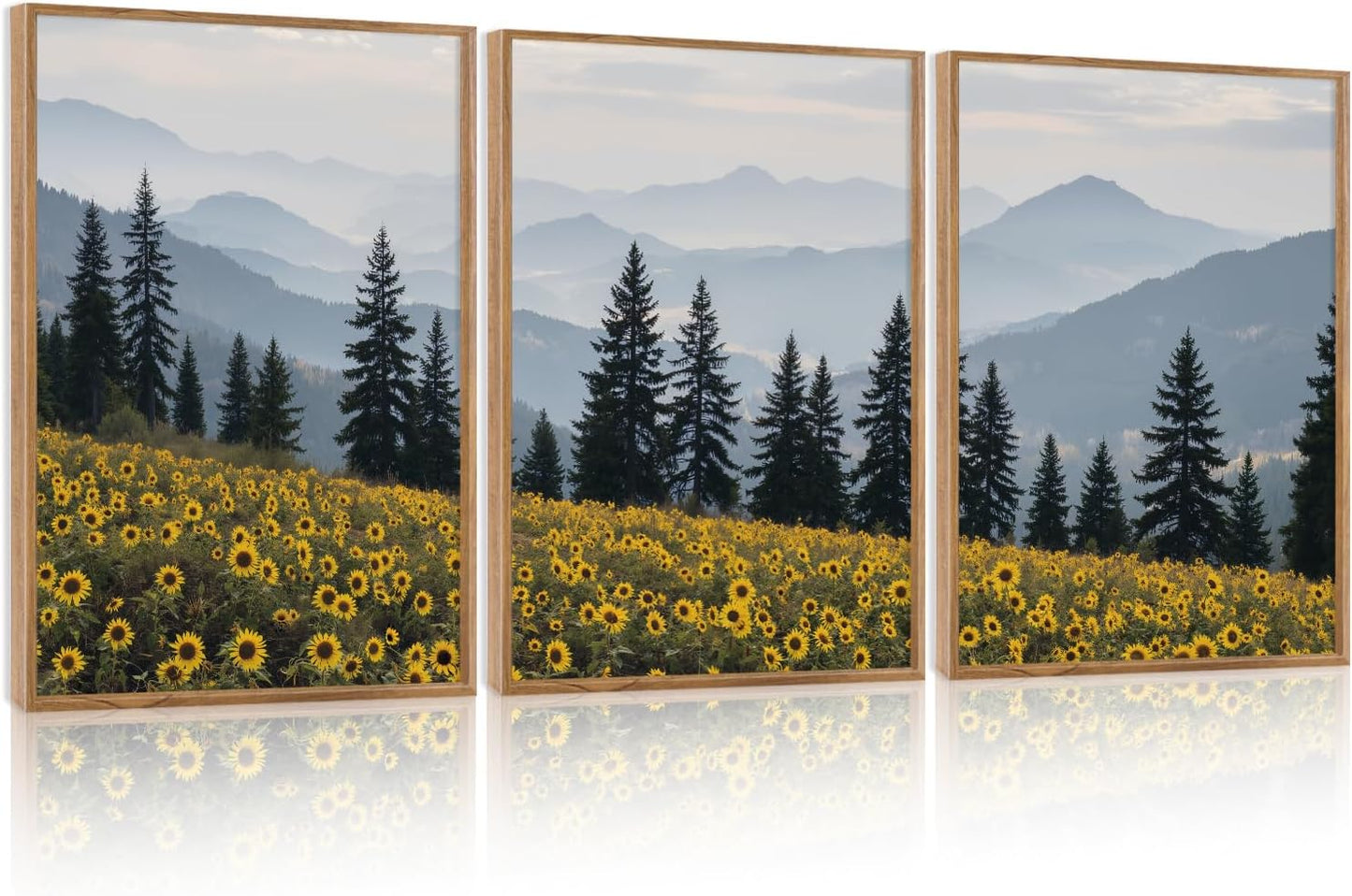 HPINUB Boho Sunflowers Landscape Framed Canvas Wall Art Set,Nature Pine Tree Wall Decor,Abstract Flowers Artwork Rustic Mountain Misty Forest Art Print for Living Room,Bedroom,Office-16 x24 x3