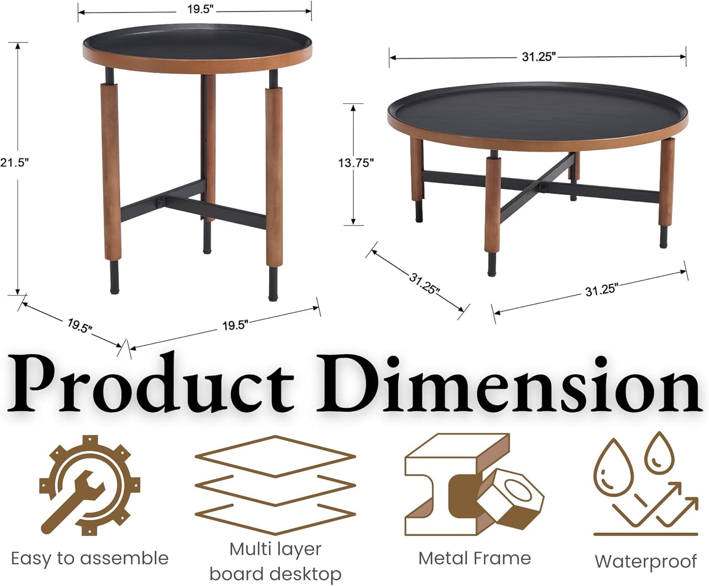 EALSON Nesting Coffee Table Set of 2 Round Coffee Tables with Black Metal Legs/Wood Top Mid Century Modern Centre Table Circle Accent Side Tables for Living Room Bedroom Walnut