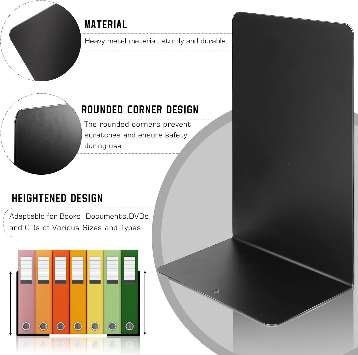 VONDERSO Metal Bookends Black, 2 Pairs Decorative Metal Book End Supports for Shelves Gauge Metal Book Divider Stopper Holders with Non-Slip Anti-Scratch Rubber Pads