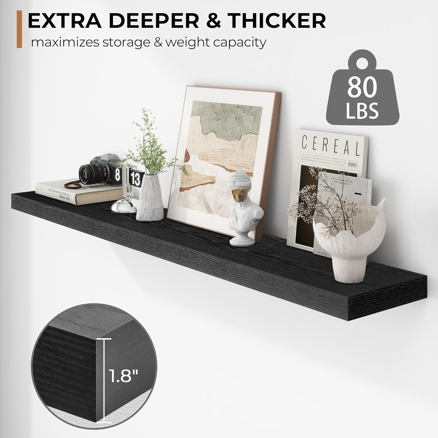 Fun Memories 55 Inch Floating Shelves - 9 Inch Deep Rustic Wooden Wall Shelves - Extra Deeper & Thicker Wall Mounted Storage Shelf for Living Room Kitchen Farmhouse - Rustic Black