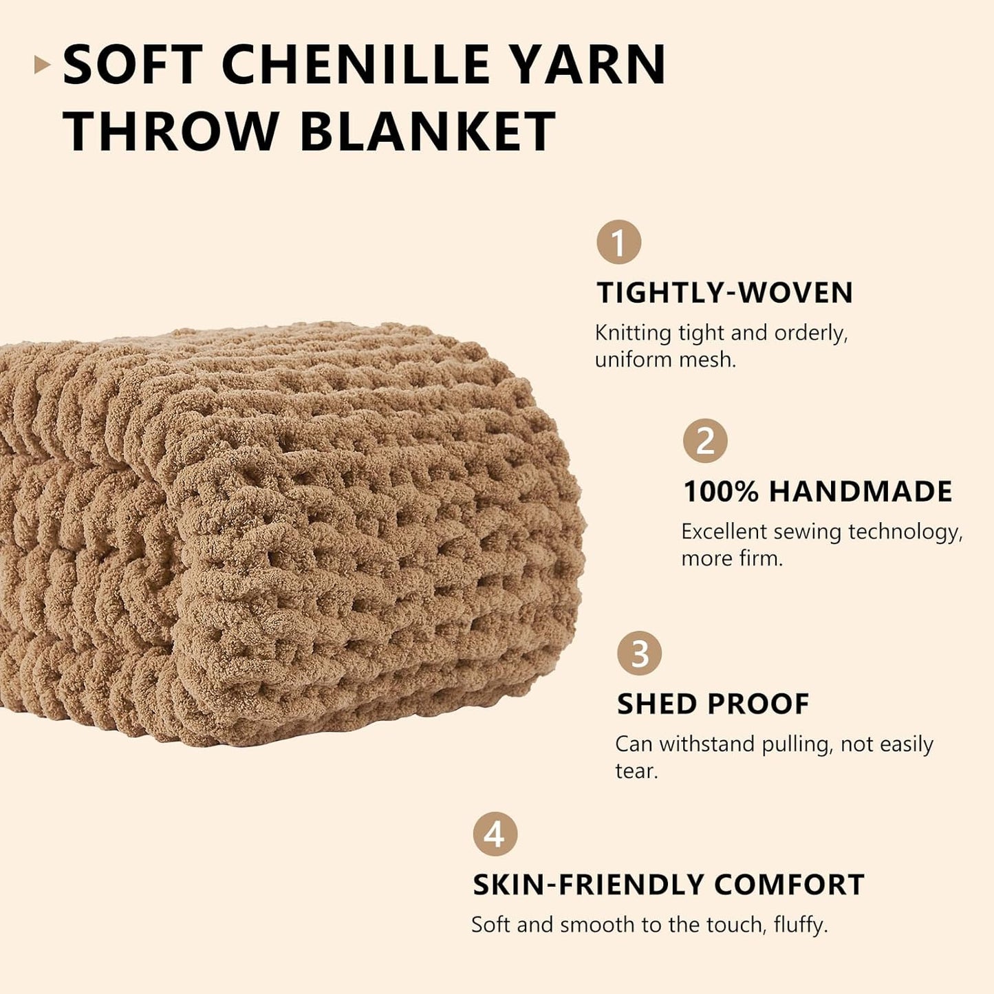 L'AGRATY Chunky Knit Blanket Throw: 60''x80'' Chenille Chunky Knitted Throw Blanket for Bed Couch - Handmade Thick Big Cable Knit Blanket - Large Crochet Rope Blanket for Home Decor(Tan)