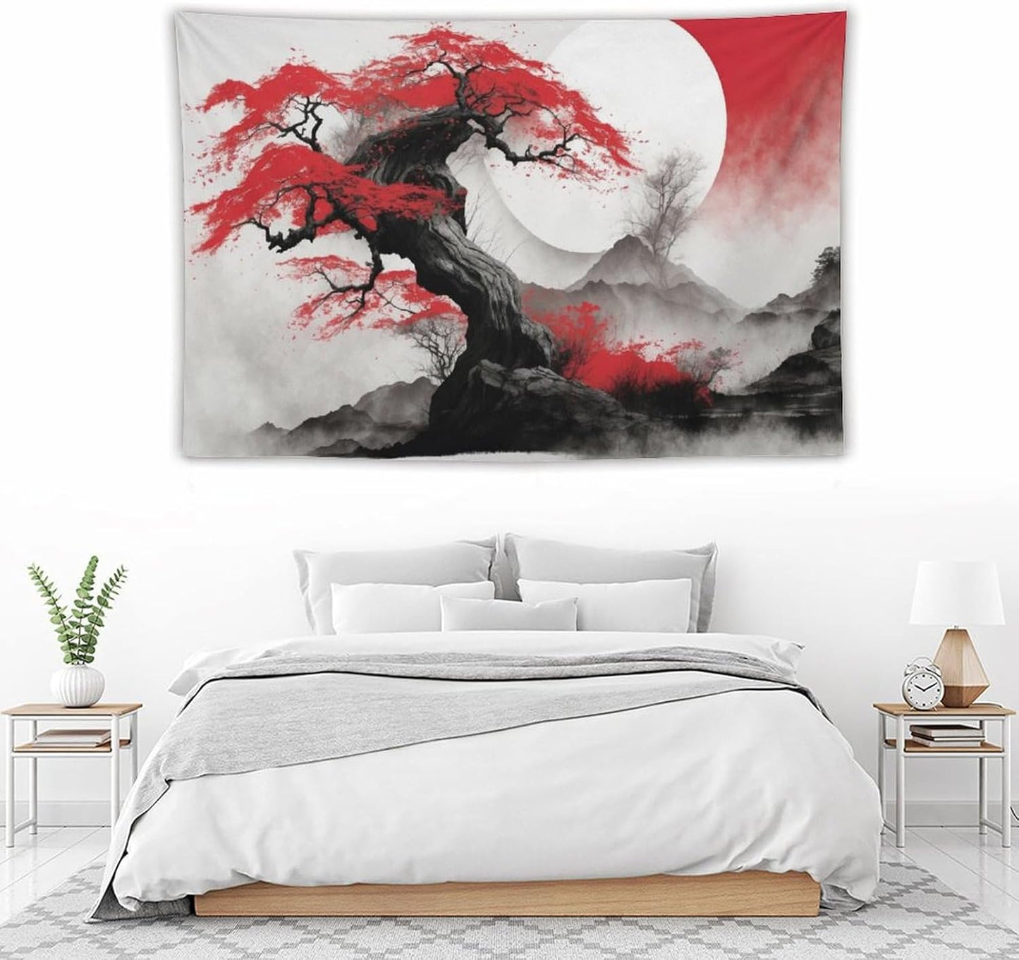 Cherry Blossoms Tapestry, Japanese Red Landscape Asian Watercolor Abstract Art, Bedroom Living Room Decor 90"x60"