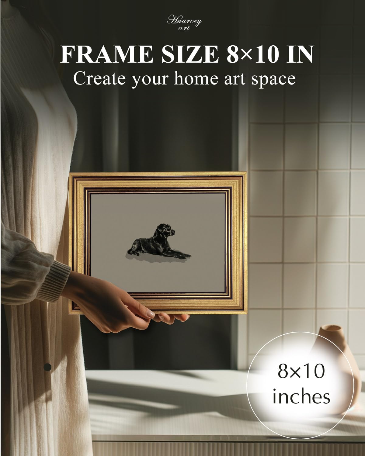 HUARCEY Gold Framed Vintage Wall Art Black Dog Wall Decor Minimalist Animal Art Pictures Room Decor Dog Lovers Gifts Modern Canvas Prints Shelf Artwork for Bedroom Bathroom Living Room 8x10in