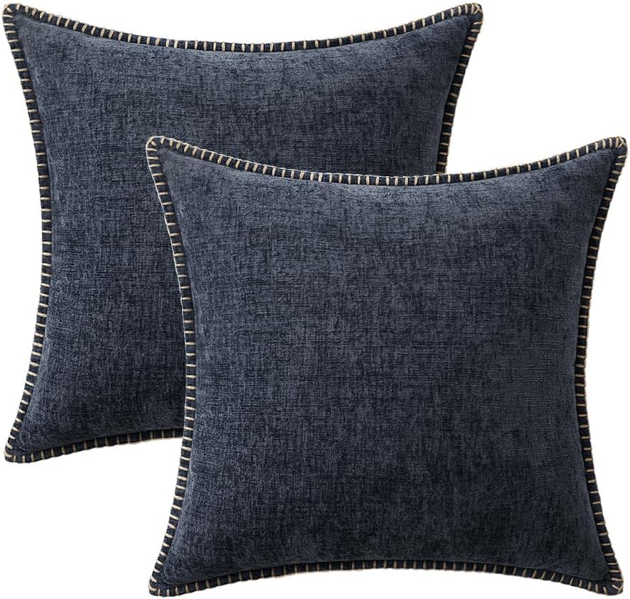 MIULEE Pack of 2 Couch Throw Pillow Covers 20x20 Inch Dark Blue Farmhouse Decorative Pillow Covers with Stitched Edge Soft Chenille Solid Dyed Spring Pillow Covers for Sofa Bed Living Room