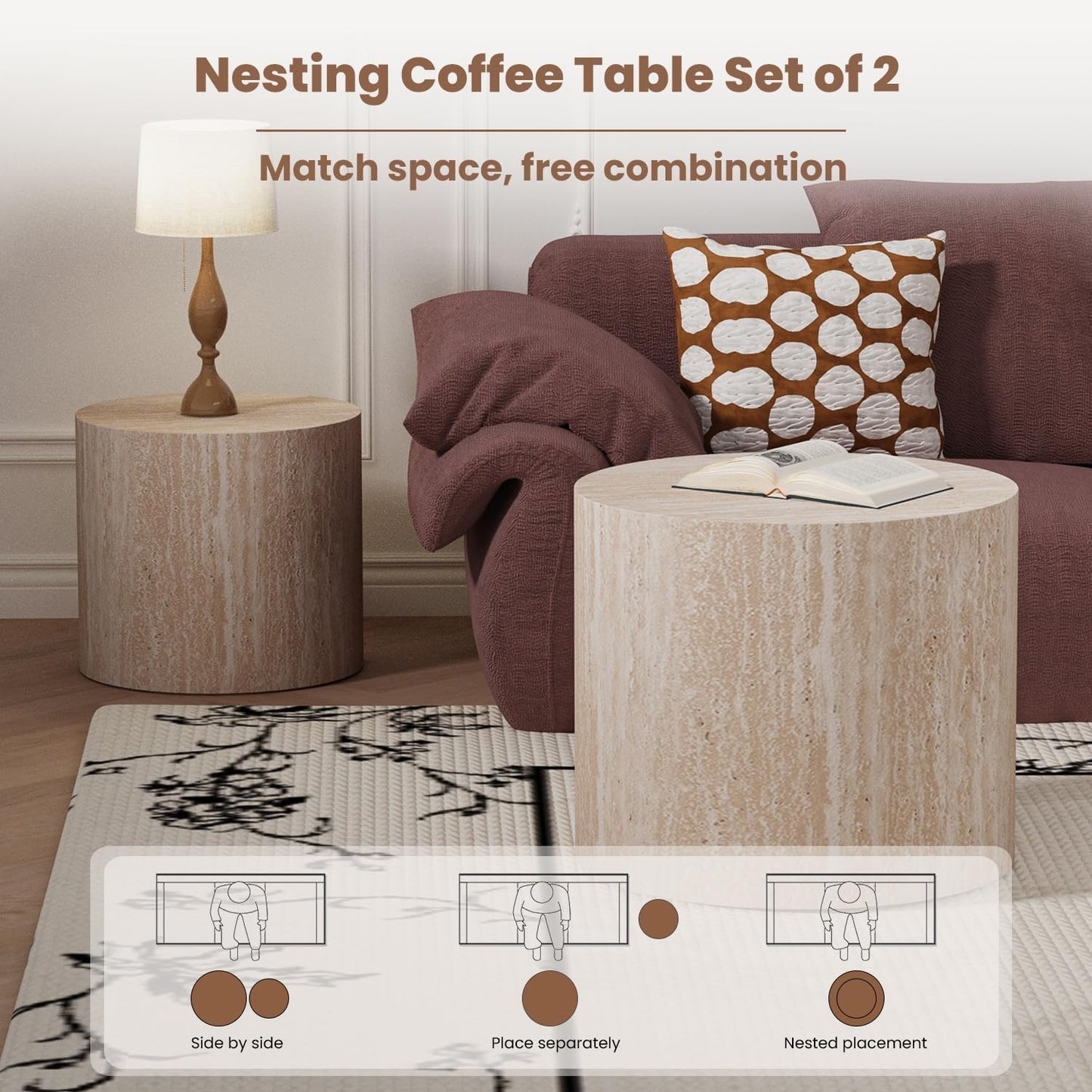 Round Nesting Coffee Table Set of 2 Modern Wood Coffee Tables Handcraft Drum Coffees Table Farmhouse Round Sofa Side Tables End Table for Living Room Small Spaces, No Assembling (Travertine)