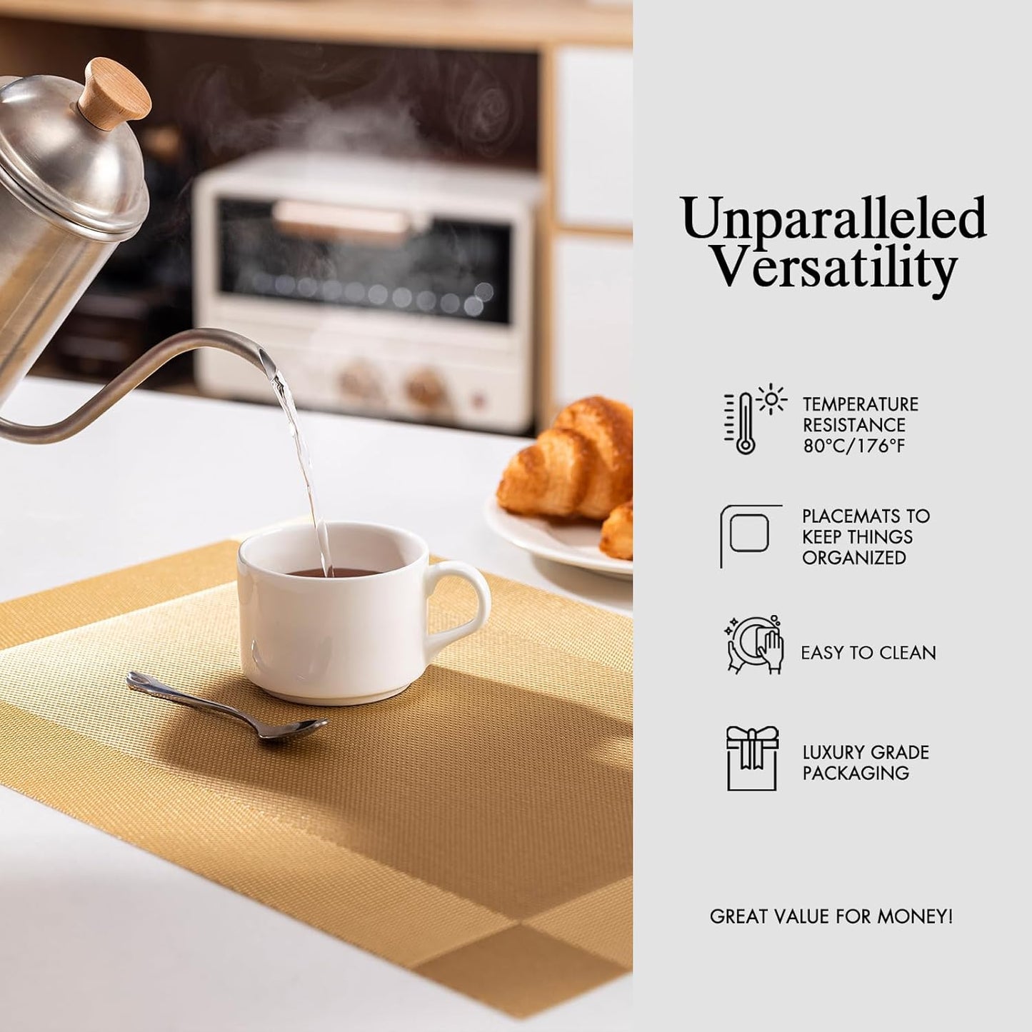 Placemats Set of 4 - Easy Clean Woven Vinyl Placemats for Dining Table, Indoor/Outdoor Place Mats, Washable PVC Table Mats（Gold Cube）