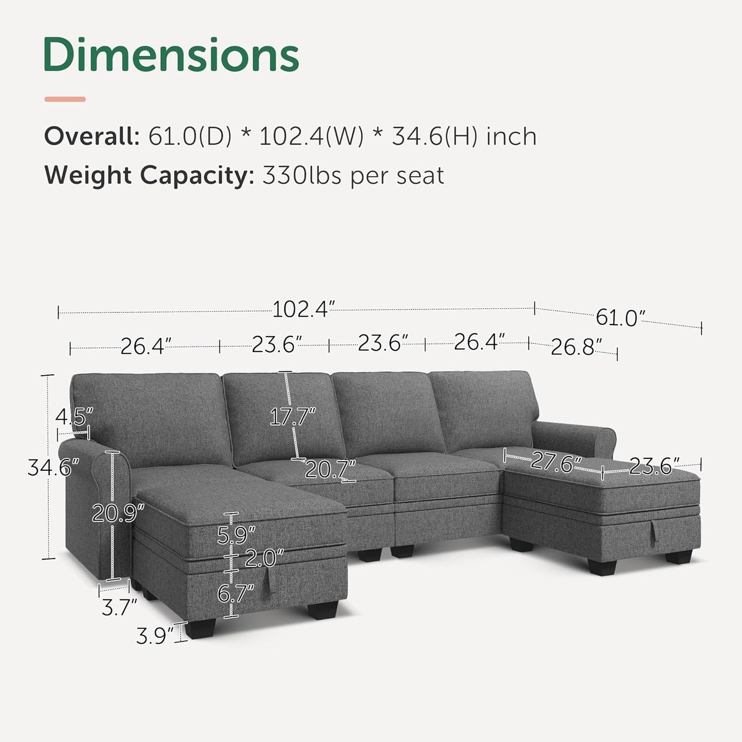 HONBAY Convertible Sectional Sofa with Storage U Shaped Sectional Couch with Reversible Chaise Small Sectional Couches for Living Room,Grey