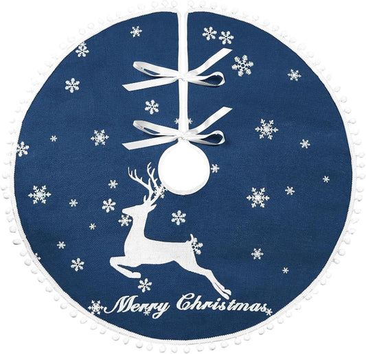 48 Inch Christmas Tree Skirt, Burlap Blue Christmas Rustic Tree Skirt with Elk Deer and White Snowflake Printed for Holiday Party Xmas Tree Decoration