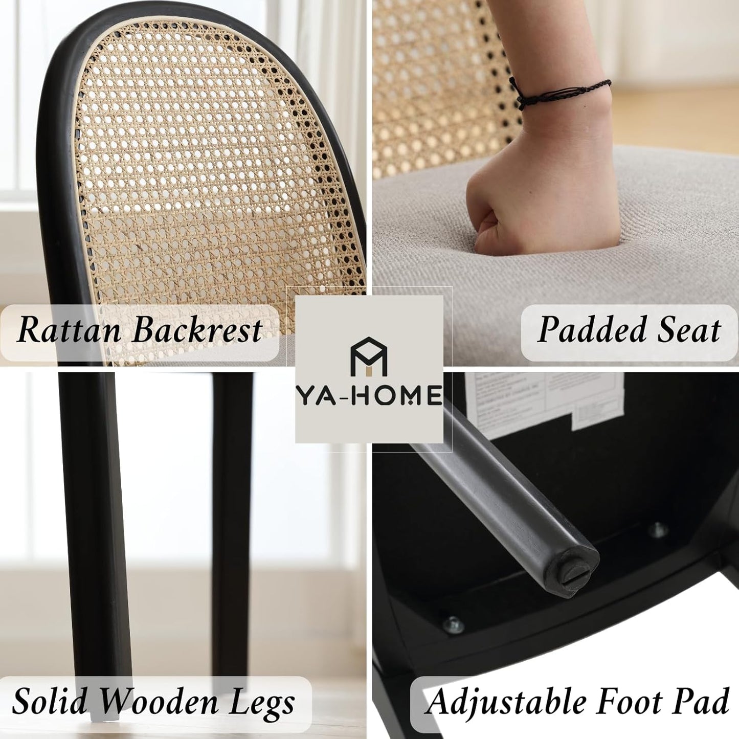 Mid Century Dining Chairs Set of 2, Accent Rattan Side Chairs Linen Fabric Kitchen Chair with Solid Wooden Legs for Living Room Dining Room, Grey