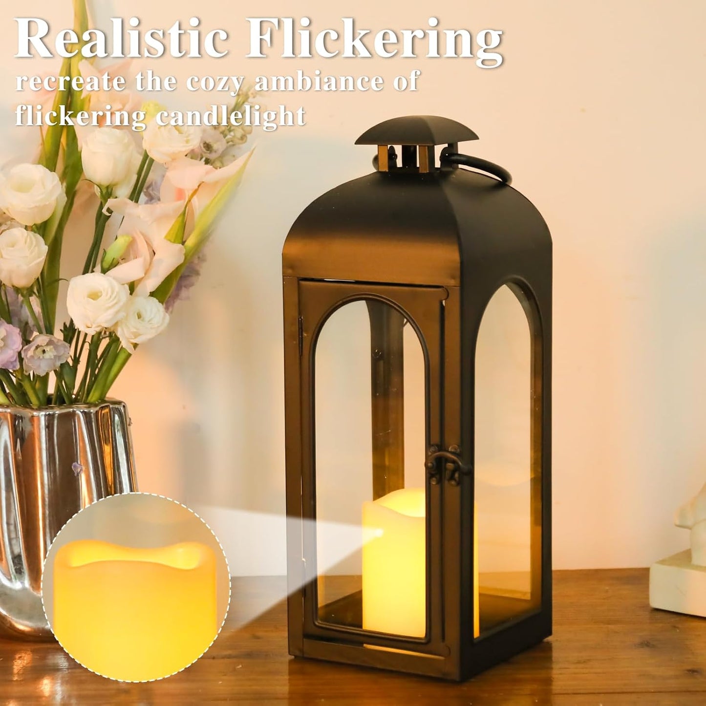 Bdor 16 Inches Metal and Stainless Steel Glass Decorative Lantern with Electronic Wax Effect - Indoor/Outdoor Decorative Lighting, Handcrafted Aesthetic, Perfect for Home, Parties, and Holiday Decor