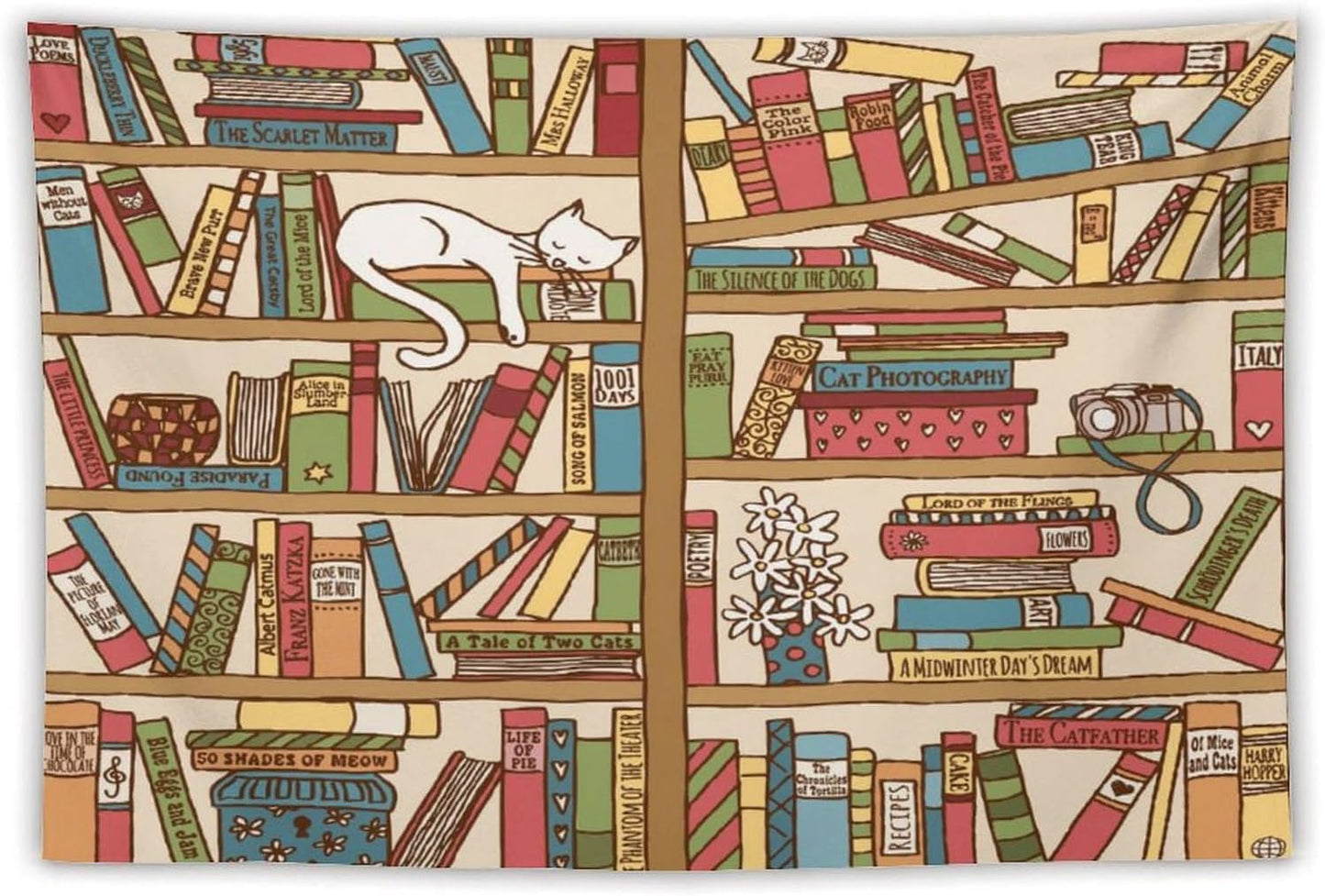 Kurtect Bookshelf Tapestry,Cute Cartoon Cat Sleeping Library Theme Pattern Print Tapestries for Party Beach Picnic Blankets Tablecloths Living Room Wall Deocr, 40x60 in