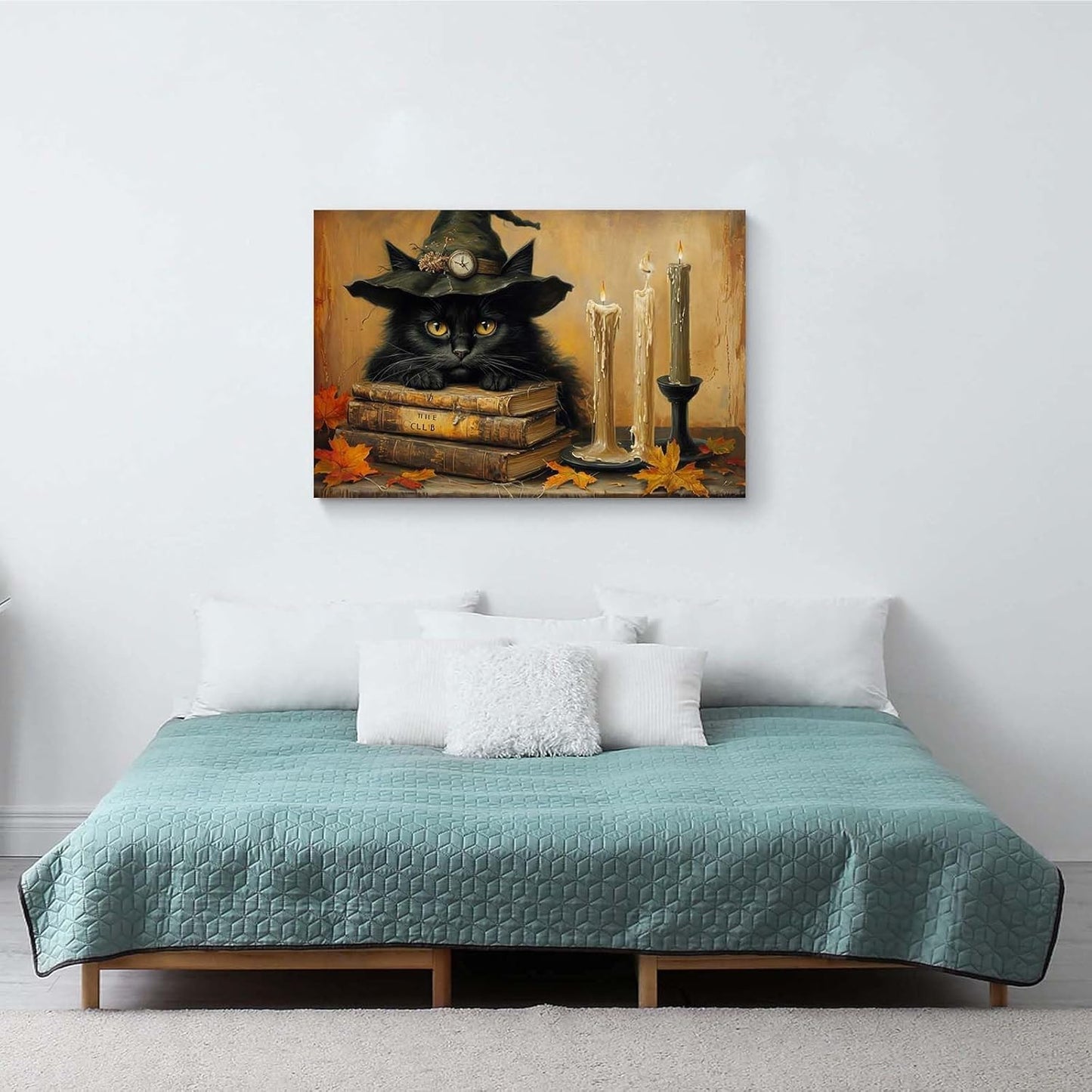 JFHCQJPK Vintage Halloween wall decoration black cat and magic book suitable for home bedroom living room decoration dark classic art witch wall decoration12x16in Frameless