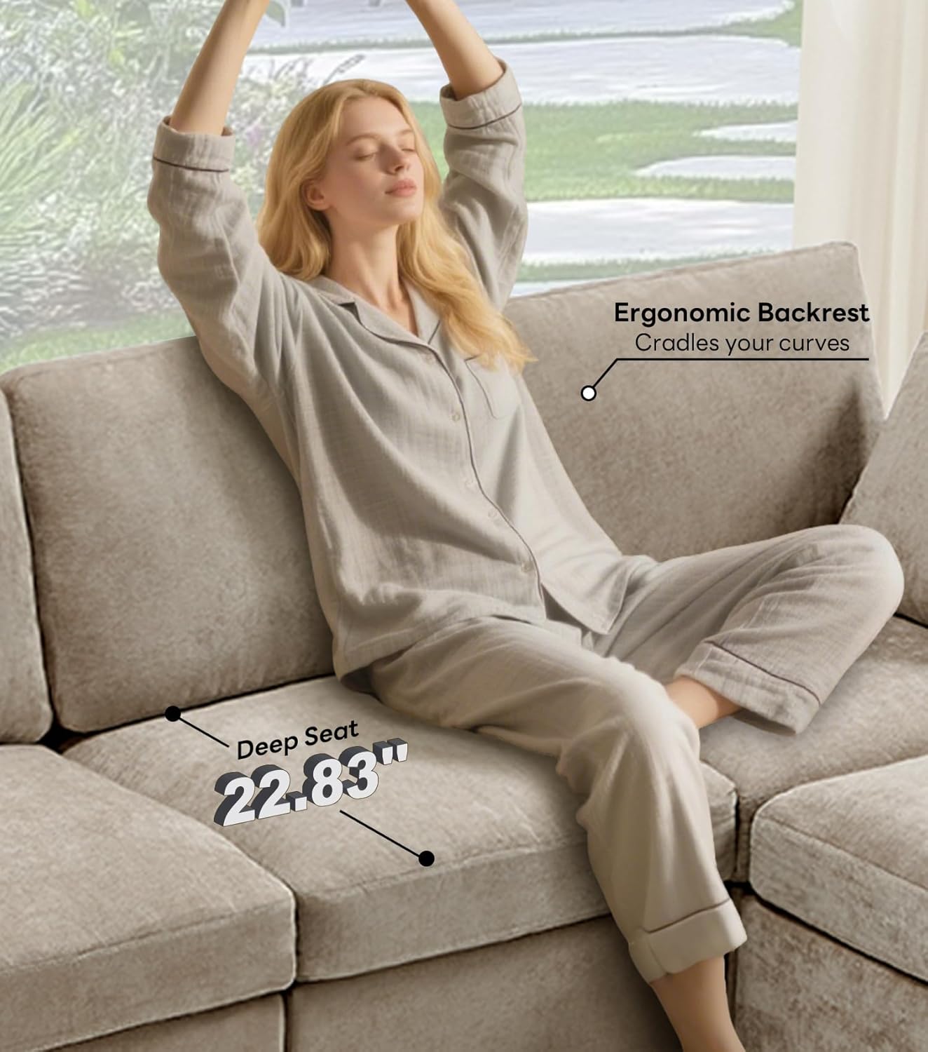 Tbfit U Shaped Couch, Sectional Sofa for Living Room,Chenille Cloud Couch with Ottoman 6 Seat, Khaki