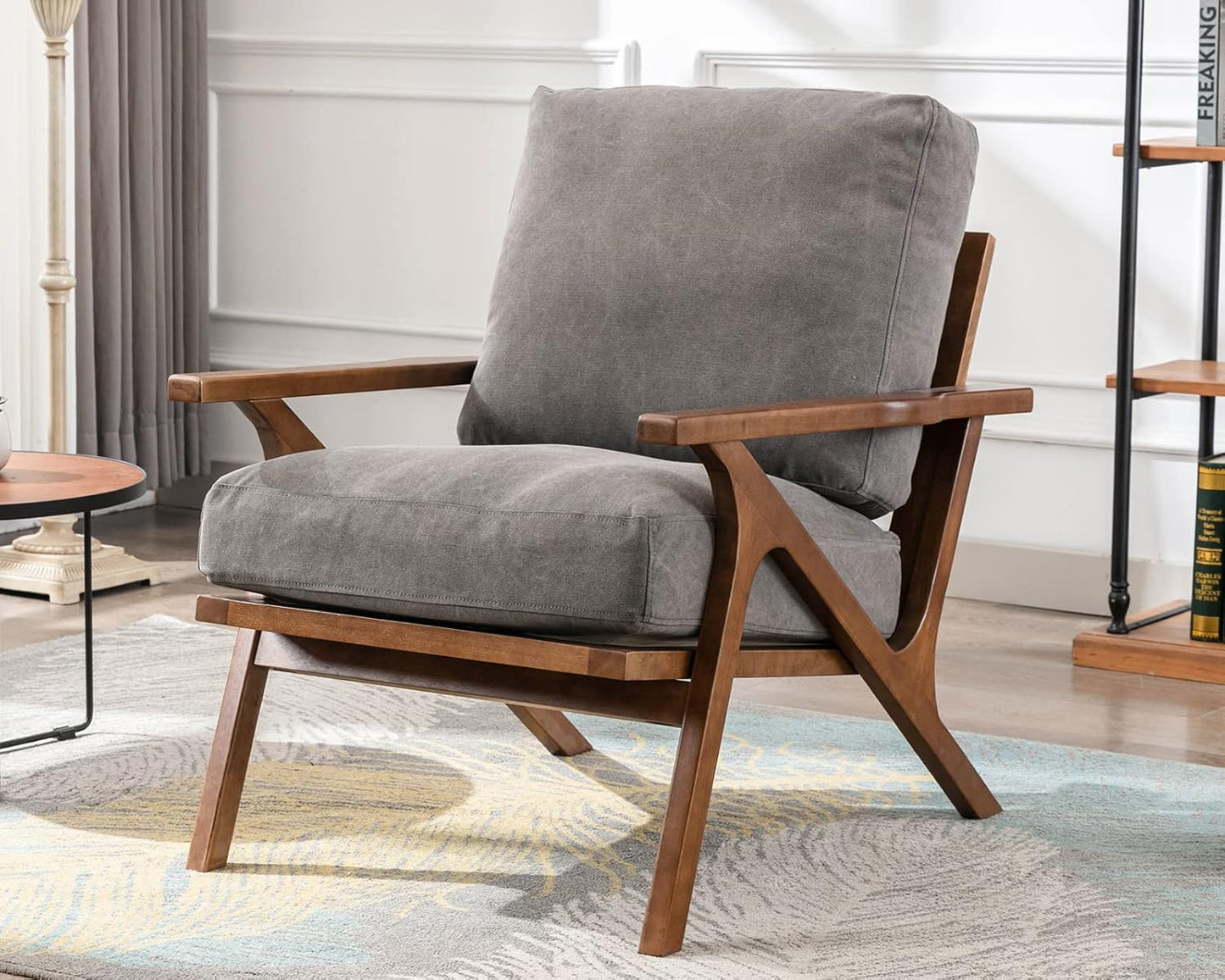 HNY Set of 2 Mid Century Accent Chair, Upholstered Armchair with Wood Frame and Canvas Cushions, Leisure Reading Chair Slipper Chair for Living Room, Bedroom, Gray