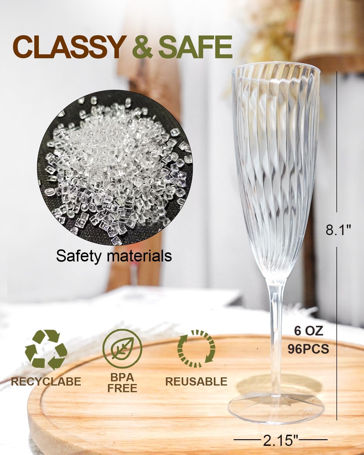 Clear Plastic Champagne Flutes, 96 PCS Disposable Reusable Cocktail Cups for Home Daily Life Party Birthday Wedding Toasting Drinking Champagne (6 oz)