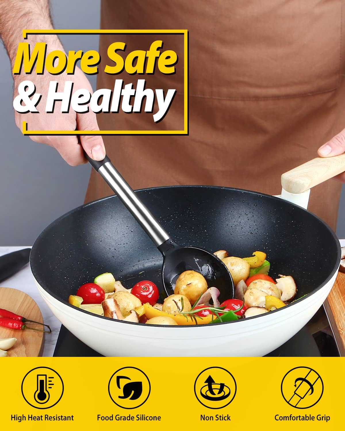 Pack of 2 Large Silicone Cooking Spoons,Non Stick Solid Basting Spoon,Heat-Resistant Kitchen Utensils for Mixing,Serving,Draining,Stirring (BLACK)