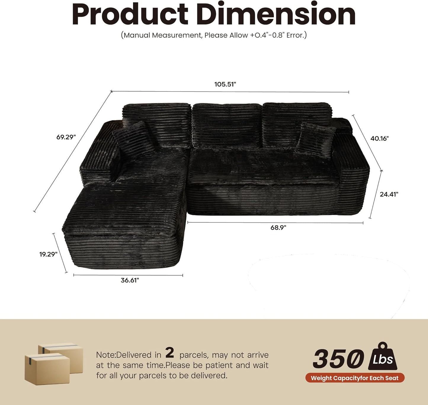 ovios 105” Modular Sectional Sofa with Thicken Seat Cushion, Cloud Couch with Deep Seat, Modern L-Shape Sofas Couches with Chaise,Upholstered Couches for Living Room Bedroom,Black