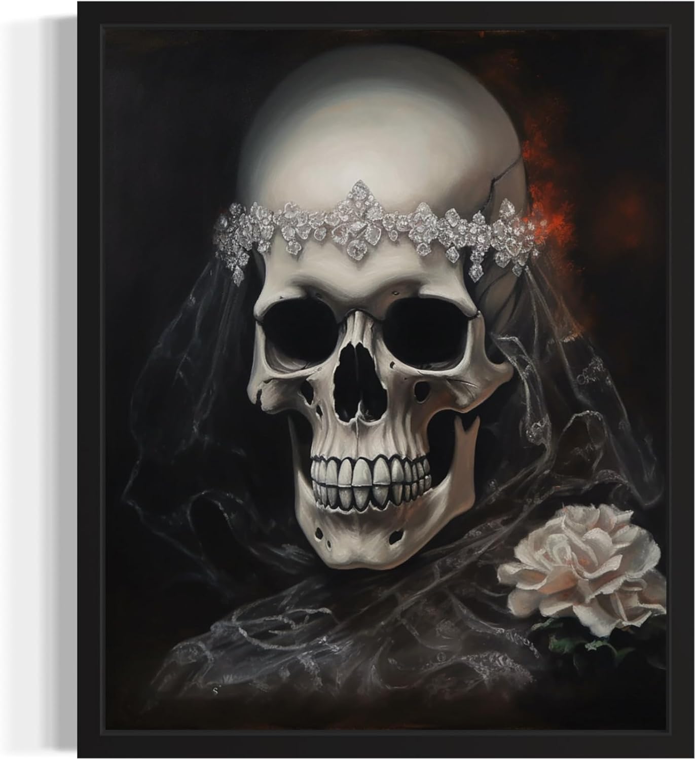 Skull Bride Poster Art Print, Halloween Scary Vintage Wall Art Academia Spooky Painting Decoration for Horror Prints, Gothic Posters Bedroom Decor 89 (Skull Bride, 11 x 14 inches, Black Frame)