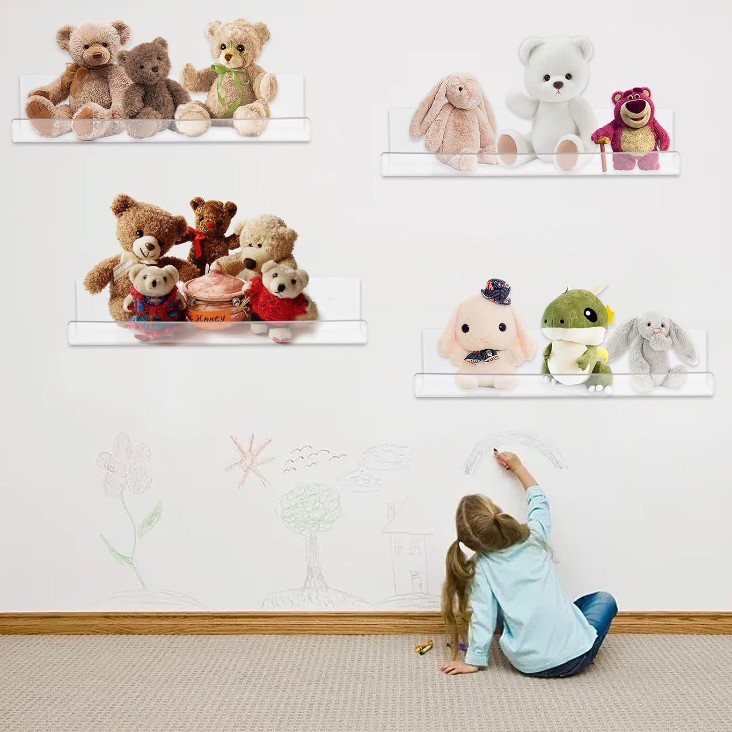 4 Pack Clear Acrylic Floating Shelves for Wall, 15'' Plastic Wall Mounted Display Shelf Kids Bookshelf and Spice Organizer for Bedroom, Living Room, Kitchen, Bathroom, Office