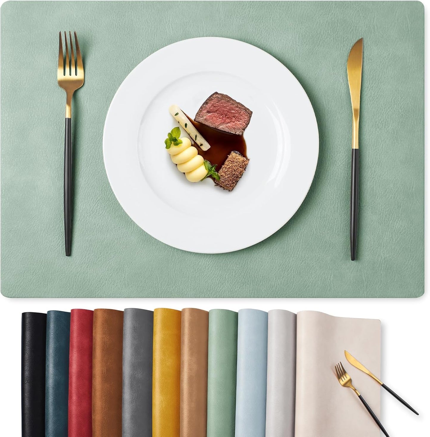 MOSAYT Vinyl Placemats Set of 4-12 X 17 Inch - Faux Leather 100% Waterproof Oil-Proof Wipeable PU Place Mats, Heat Resistant Reversible Table Mats for Kitchen, Dining, Outdoor (Green)