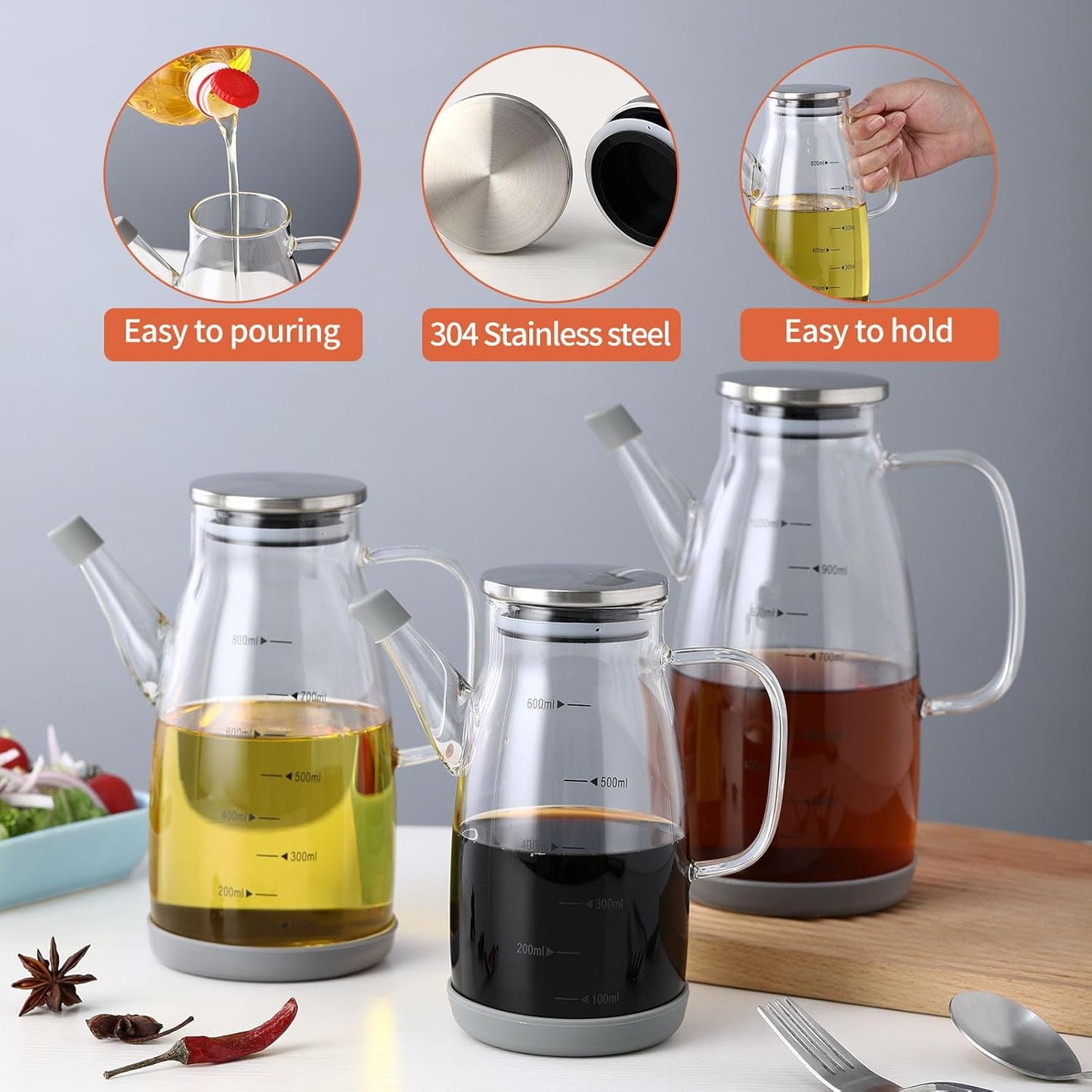 Large Glass Oil Dispenser Bottle for Kitchen Cooking Recipiente Para Aceite De Cocina Olive Oil Vinegar Dispenser Cruet Stainless Steel Lid No Drip Liquid Container (Clear, 27oz / 800ml)