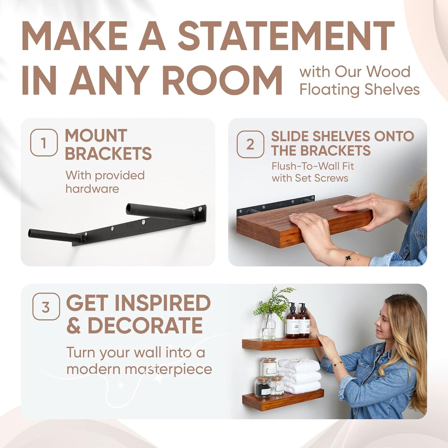 Homeforia 12 inch Oak Floating Shelf, High End Solid Real Wood 12inch Small Floating Shelves for Wall Mounted, Honey Oak Wooden 12in Floating Shelves, Heavy Duty Bracket, 12 X 6.5 X 1.75 in, Set of 3