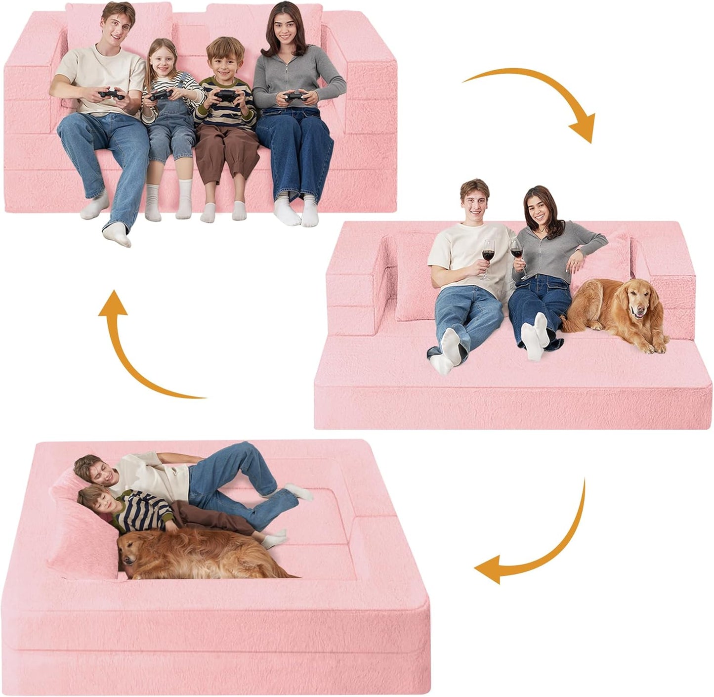 Folding Bean Bag Chair for Adults,3-in-1 Bean Bag Couch Faux Fur Floor Sofa Large Beanbag Convertible Bean Bag Sofa Bed with Pillow in Bedroom,Living Room,Apartment(Queen,Pink)