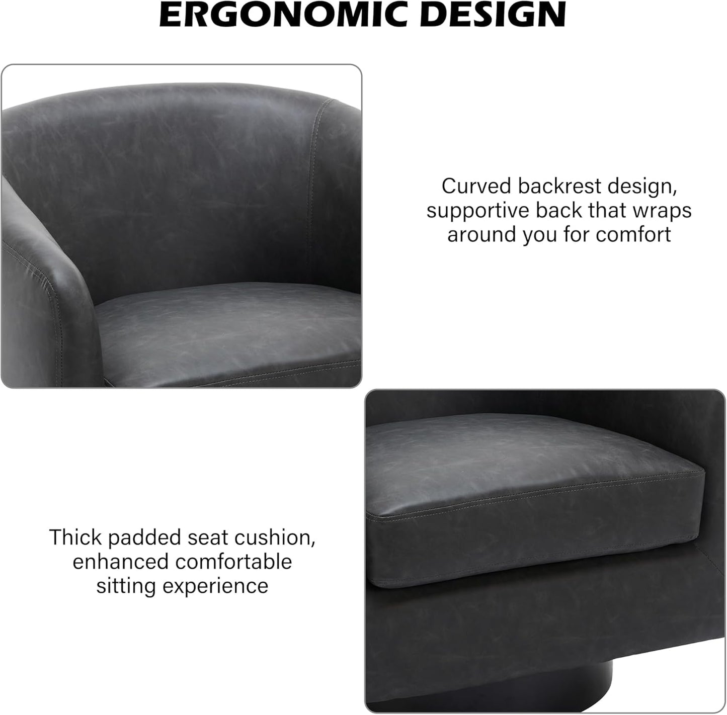 Swivel Barrel Accent Chair, Modern Round Faux Leather Arm Chair for Living Room, Bedroom, Comfy Club Reading Chairs for Adults(Faux Leather, Black Grey, Set of 1)