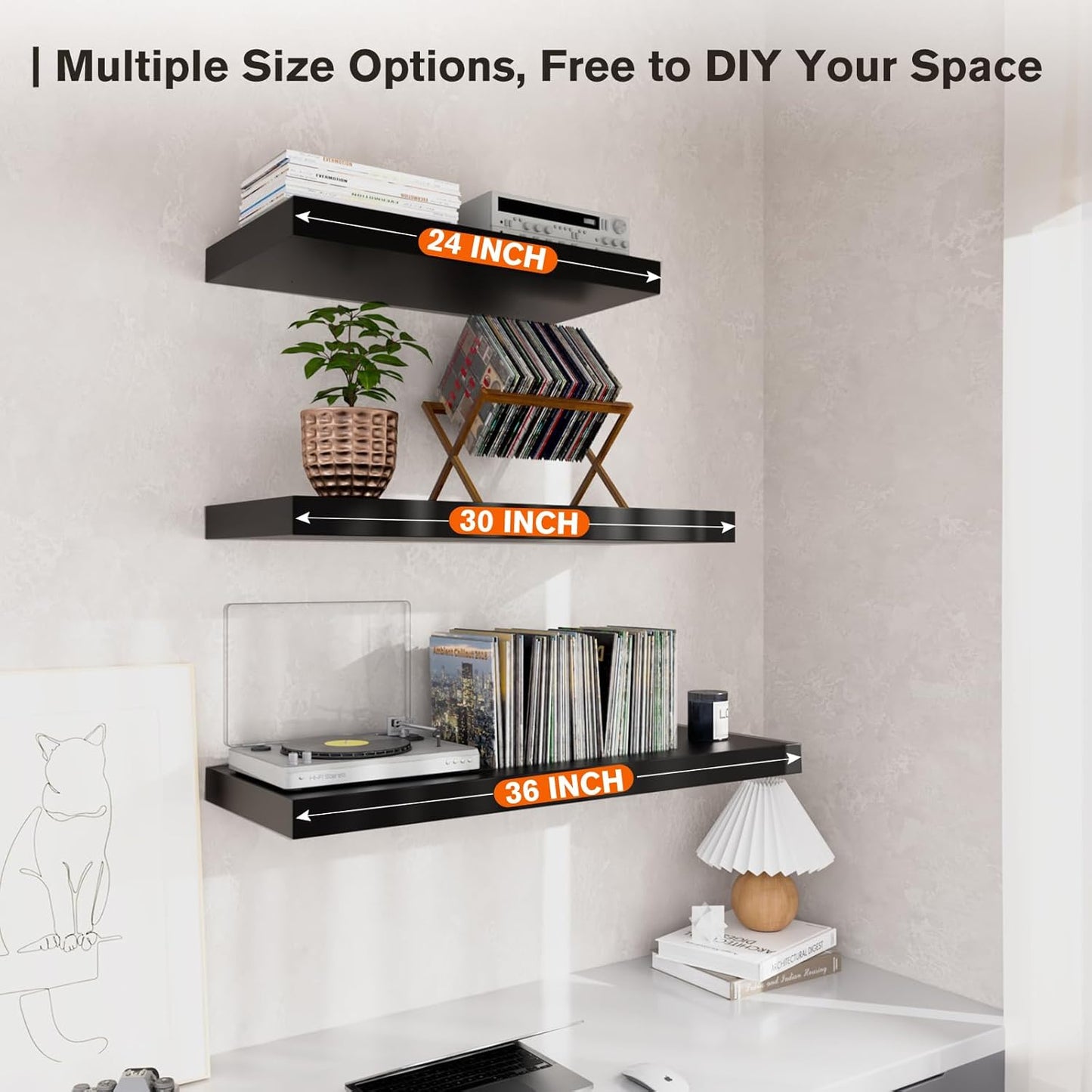 Large Floating Shelves for Wall Set of 3 Wooden Wall Shelves 36 in x 12.75 in x 2 in Room Decor Long Shelf with Invisible Wall Mount Bracket for Bedroom Kitchen Living Room Black