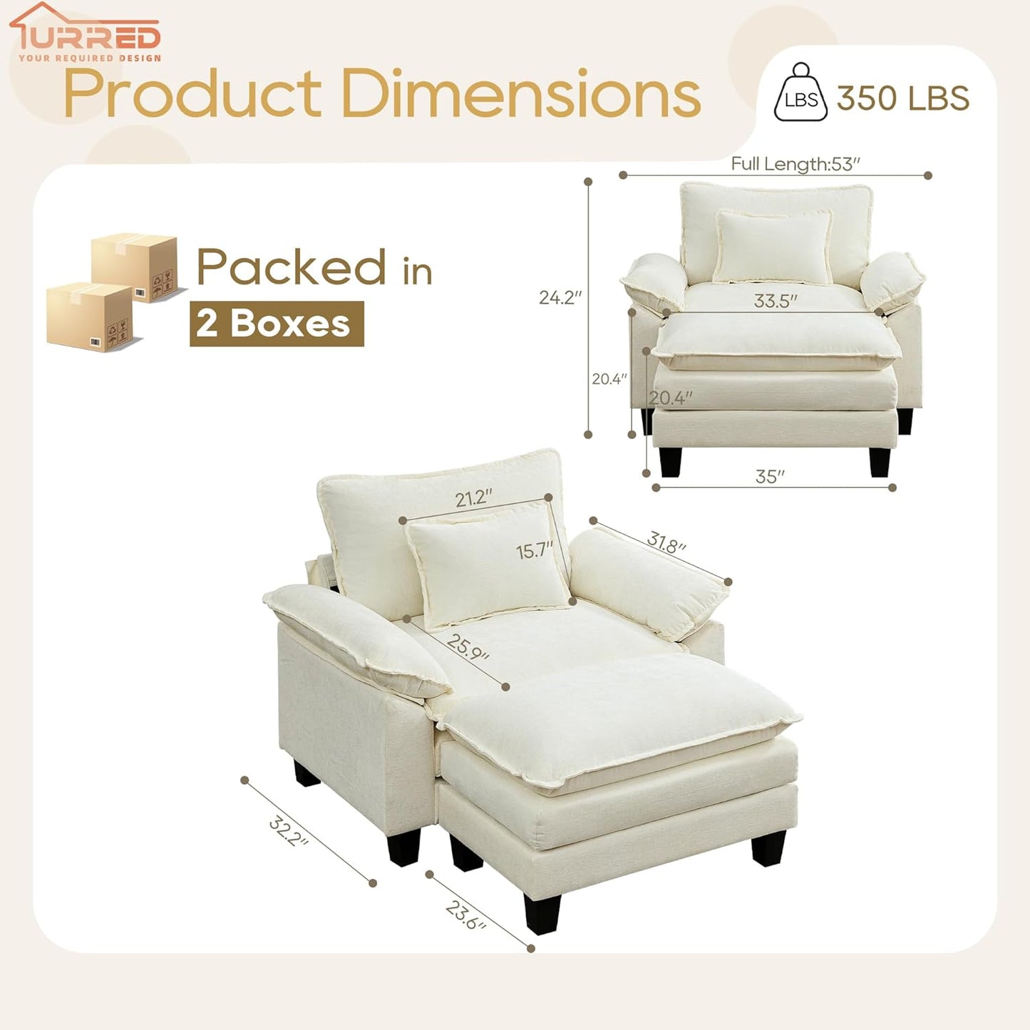 URRED Modular Sectional Sofa Comfy Cloud Couch, Modern Chenille Sofa Sleeper Deep Seat Couches with Ottoman/Pillows for Living Room (White, 53''- Ottoman)