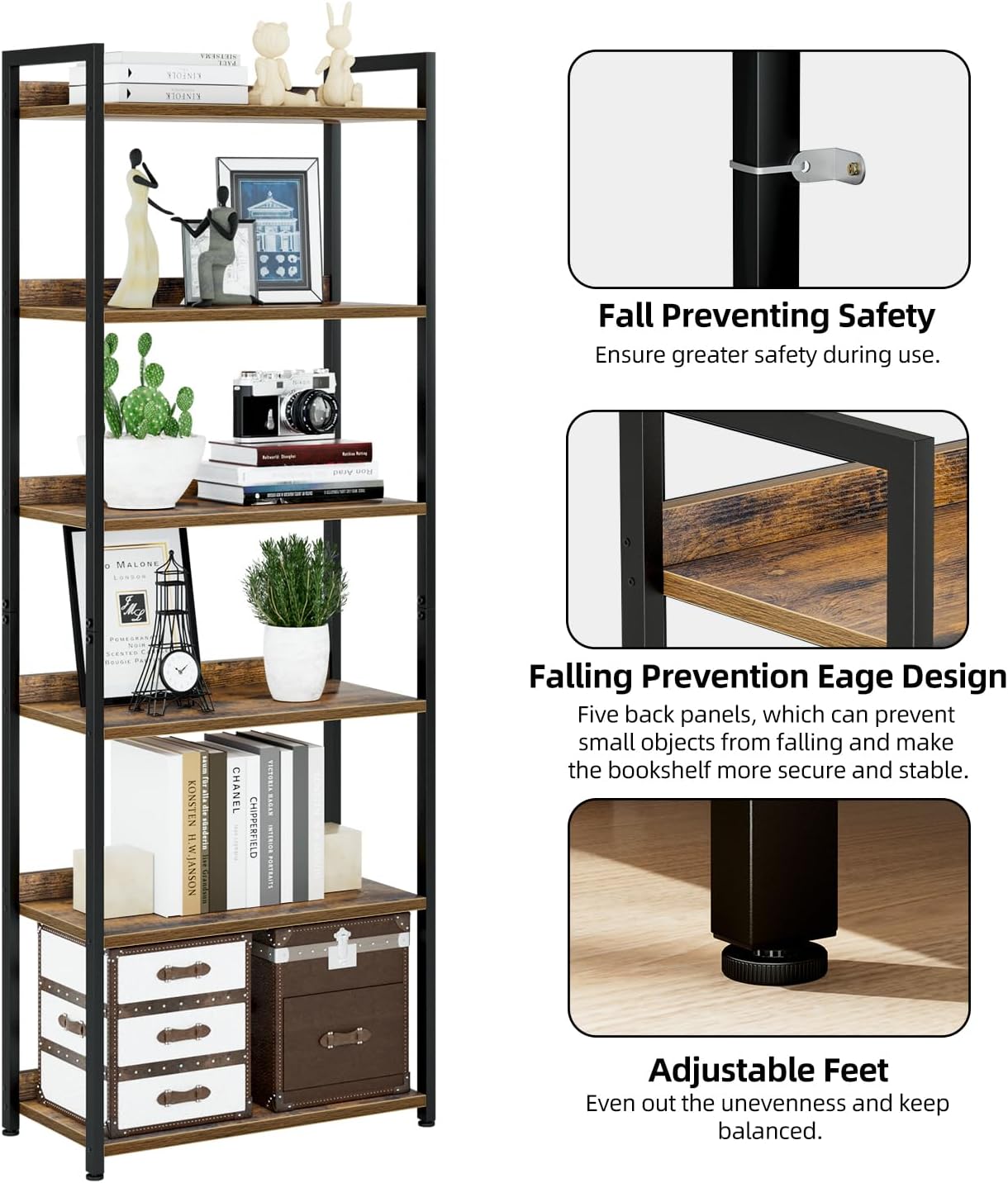 NUMENN Bookshelf, 6 Tier Bookshelves, Home Office Bookcase Shelf Storage Organizer, Free Standing Storage Shelving Unit for Bedroom, Living Room and Home Office, Vintage