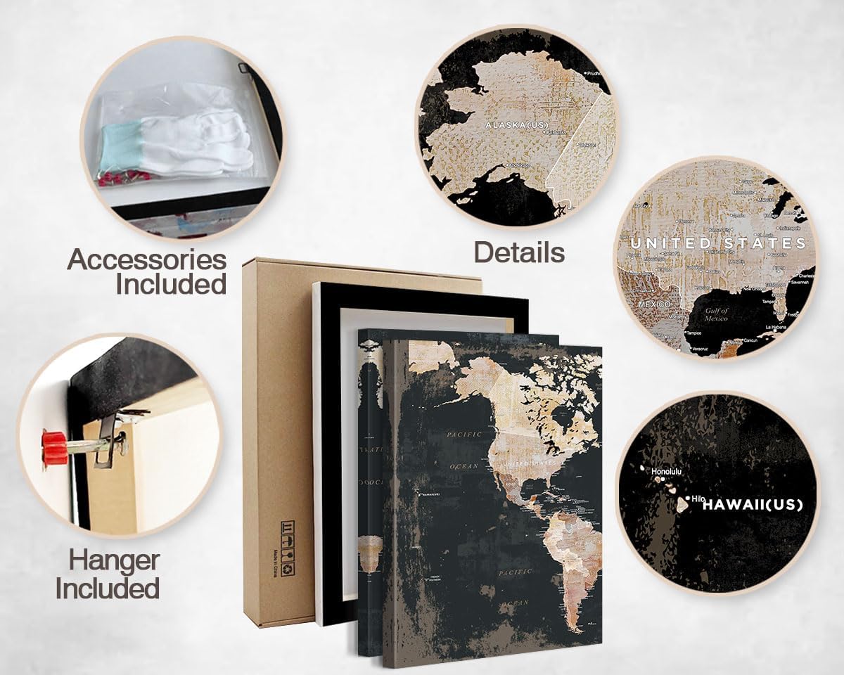 Elixart Wall Decor Living Room Canvas Wall Art Framed Black Kitchen Pictures Office Decorations For Work Vintage Home Decor Map Artwork Painting Oversize Large