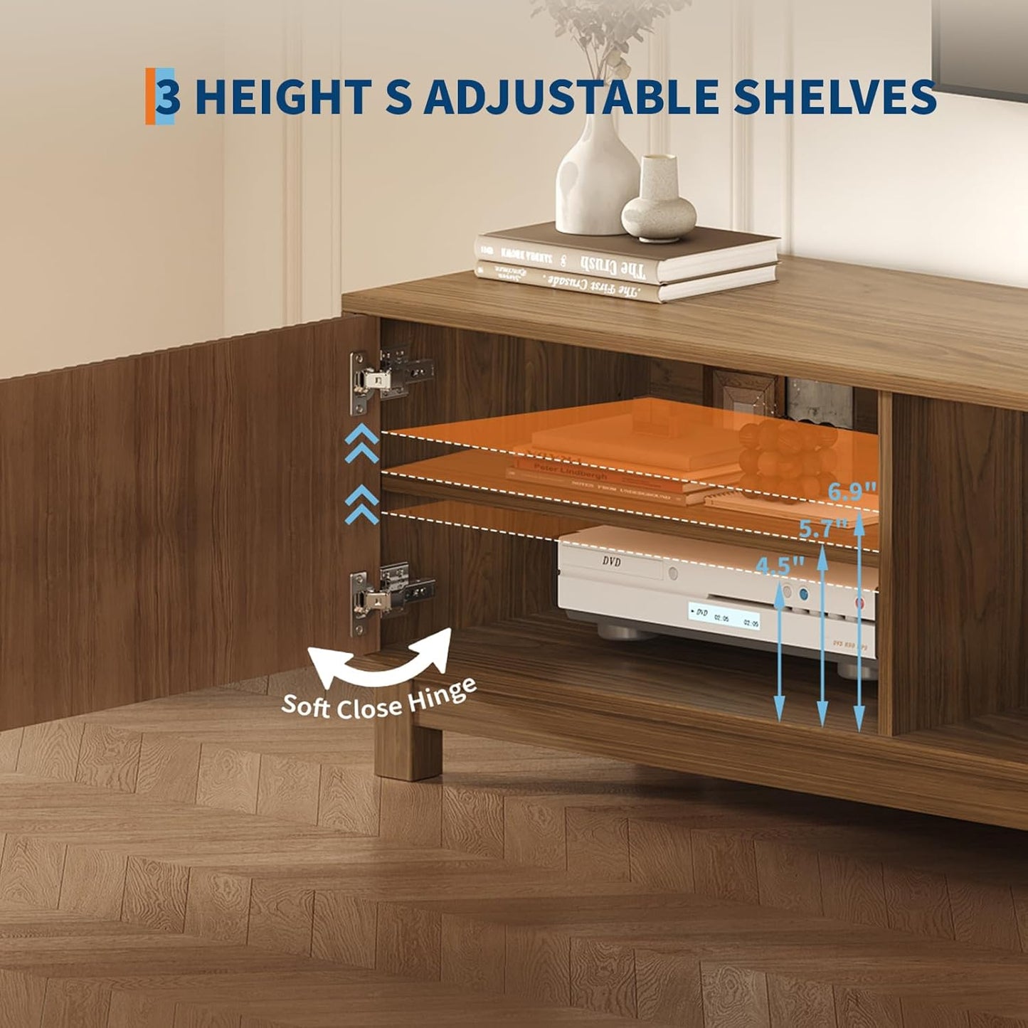 GarveeHome 70" Long TV Stand for Living Room, Mid Century Modern Entertainment Centerfor TVs Up to 80 Inches, TV Console with Fluted Doors & Open Storage Compartment for Livingroom Bedroom- Walnut