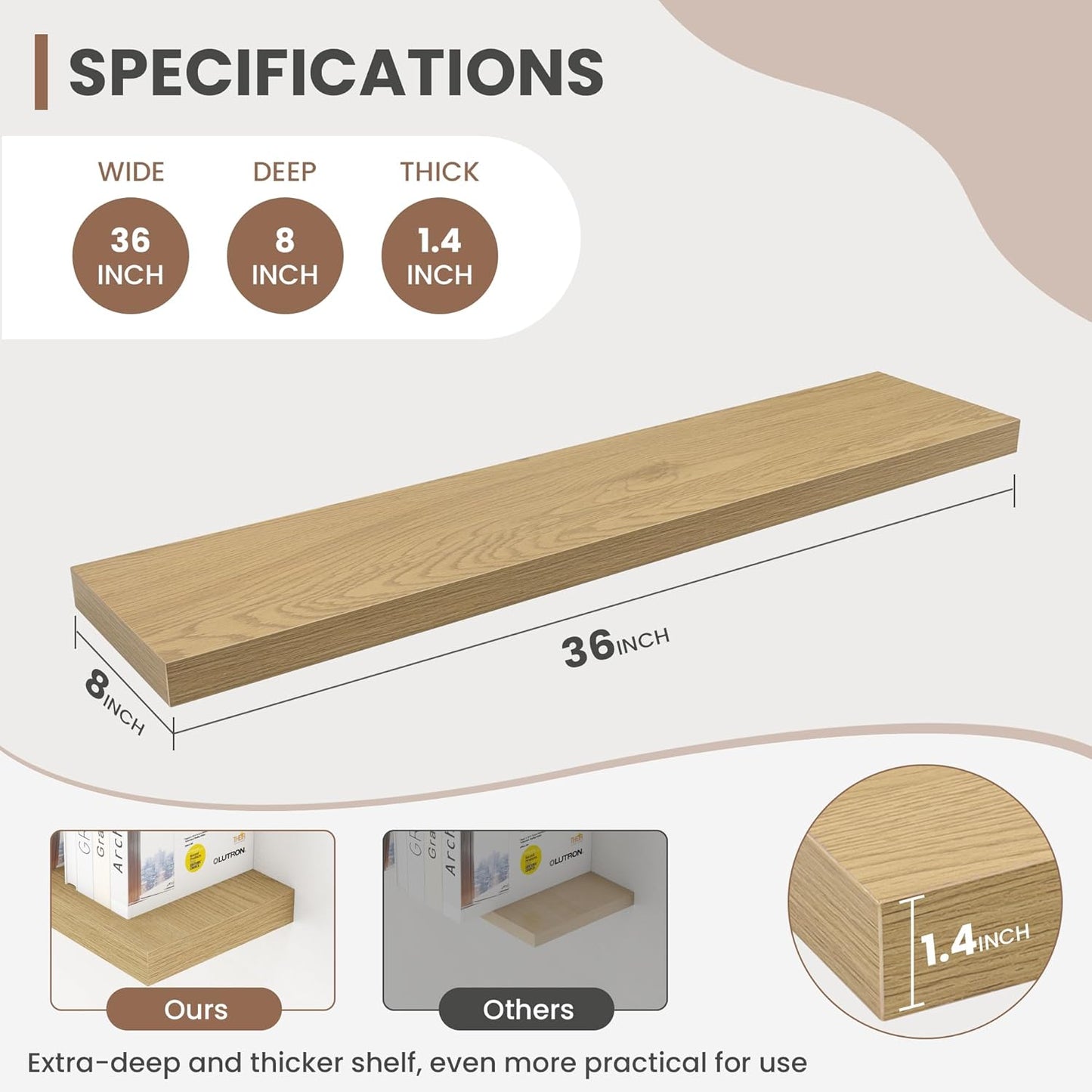 36 Inch Floating Shelves, 8 Inch Deep Floating Shelves for Wall, Hanging Shelf with Invisible Brackets, Deep Shelves for Bathroom, Bedroom, Living Room, Oak, Set of 2
