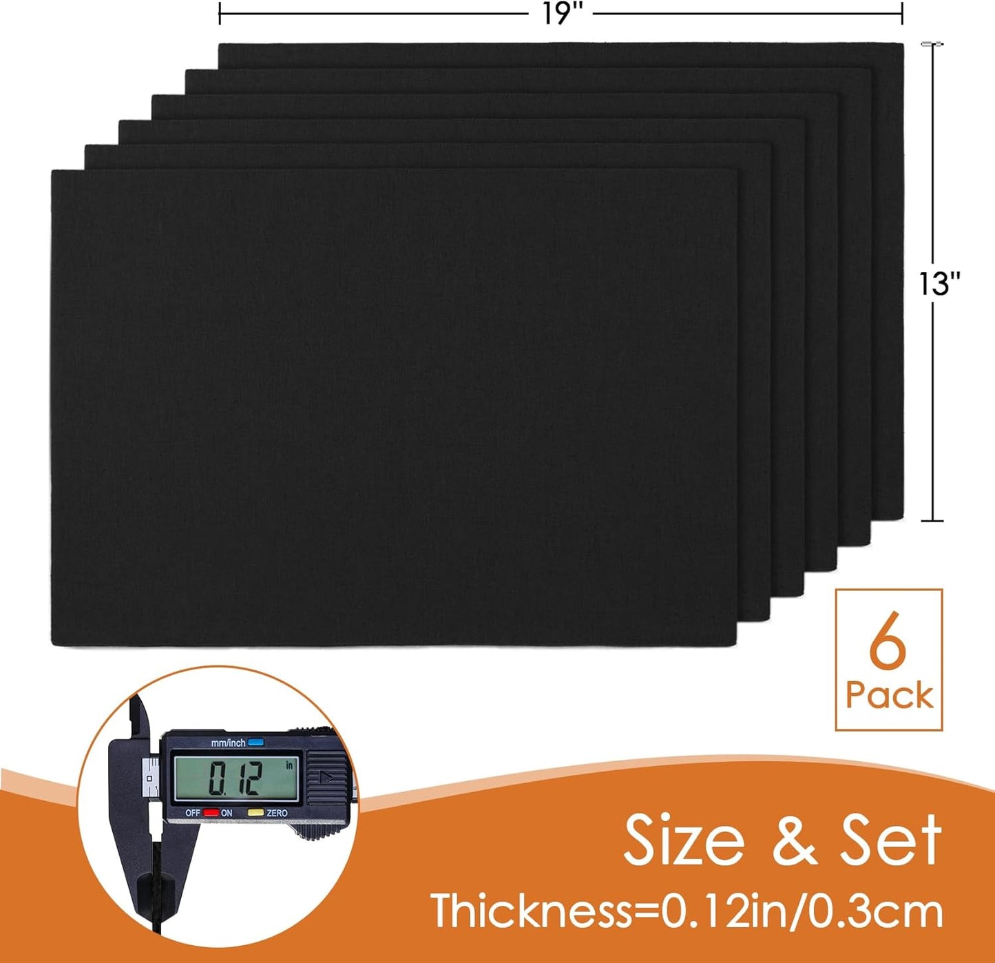 MANSPHIL Black Cloth Placemats Set of 6, Double Layer Faux Linen Place Mats Heat Resistant Washable Table Mats for Dining Kitchen, 13x19 Inch