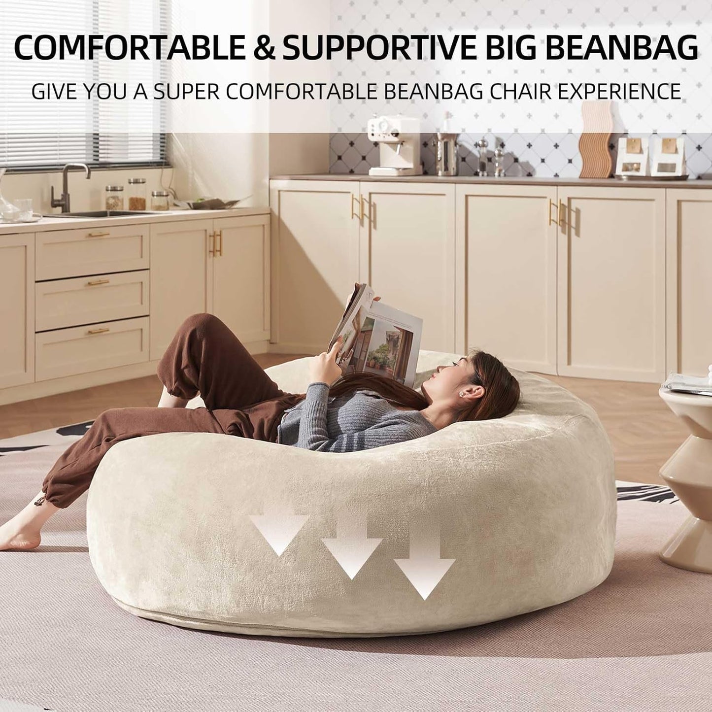 Bean Bag Chair 4Ft, Memory Foam Filled, Large Beanbag Chairs for Adults and Teens, Soft Sofa with Removable Flannel Cover, Round Couch for Living Room Bedroom College Dorm (Apricot, 4FT-47×47"×24")
