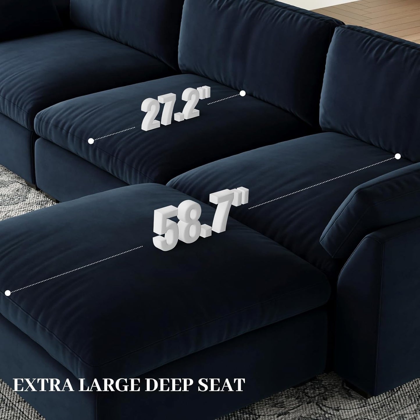 Belffin Sectional Couches for Living Room,106.3" 6-Seater Sleeper Sofa Bed,Extra Deep Seat Velvet Cloud Couch with Ottoman,Modular Sectional Sofa with Washable Covers,Blue