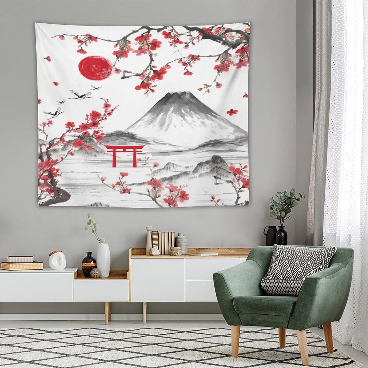 Red Cherry Blossoms Tapestry, Japanese Fuji Mountain Tapestry, Asian Japanese Wall Tapestry, Nature Landscape Tapestries for Bedroom Living Room Decor 60"x50"