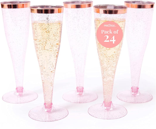 Prestee Set of 24 Plastic Champagne Flutes Disposable - Silver Glitter Pink Champagne Glasses with Rose Gold Rim, Elegant Toasting Cups for Weddings, Cocktail Parties, New Year's Celebrations